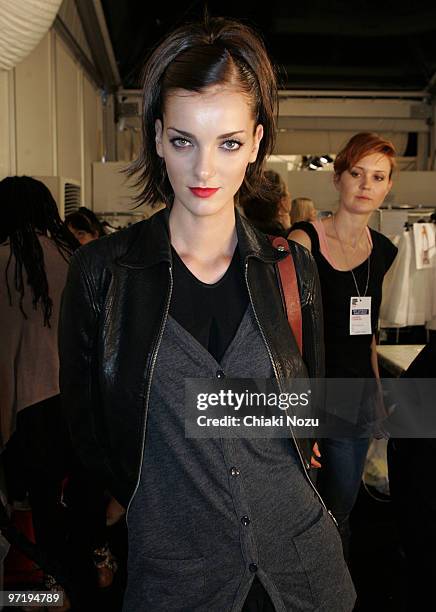 Model poses for a photograph backstage before the Jasper Conran show at LFW Spring Summer 2010 fashion show at Somerset House on September 20, 2009...