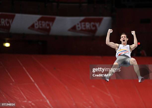 French athlete Renaud Lavillenie celebrates after he succeeded in the pole vault contest during the French athletics indoor championships on February...