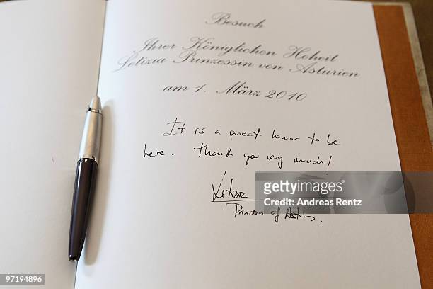 An inscription of Princess Letizia of Spain in the golden book is pictured at Bellevue palace on March 1, 2010 in Berlin, Germany. In the presence of...