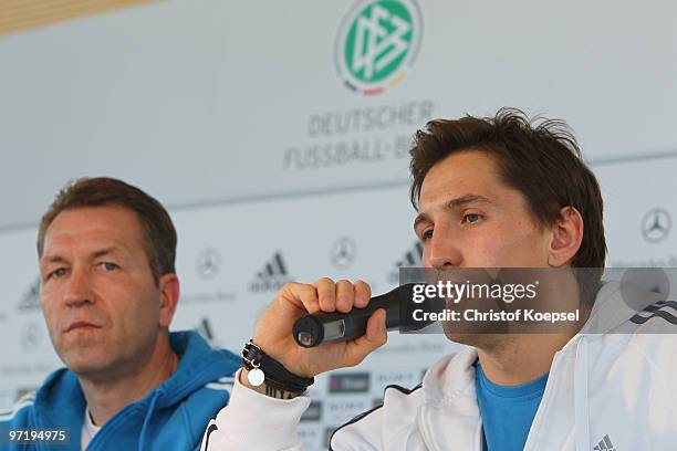 Goalkeeper coach Andreas Koepke and Rene Adler attend a German National team press conference on March 1, 2010 in Munich, Germany. Today Adler has...