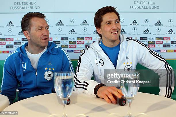 Goalkeeper coach Andreas Koepke and Rene Adler attend a German National team press conference on March 1, 2010 in Munich, Germany. Today Adler has...