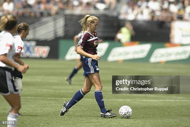 Margaret Tietjen of the San Diego Spirit advances against the Boston Breakers during the second half of their WUSA match at Torrero Stadium on July...