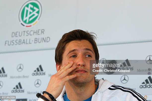 Rene Adler attends a German National team press conference on March 1, 2010 in Munich, Germany. Today Adler has been announced as the first-choice...
