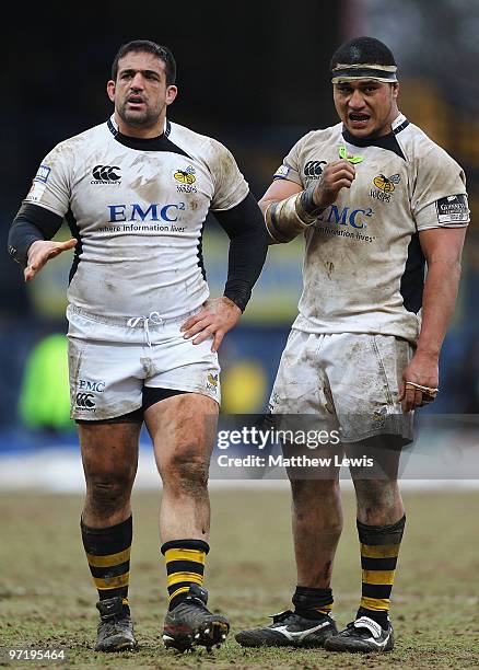 Gabriel Booca and Sakaria Taulafo of London Wasps in action during the Guinness Premiership match between Leeds Carnegie and London Wasps at...