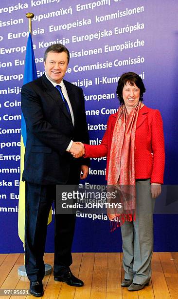 Foreign policy chief Catherine Ashton welcomes newly elected Ukrainian President Viktor Yanukovych prior to their bilateral meeting at the EU...