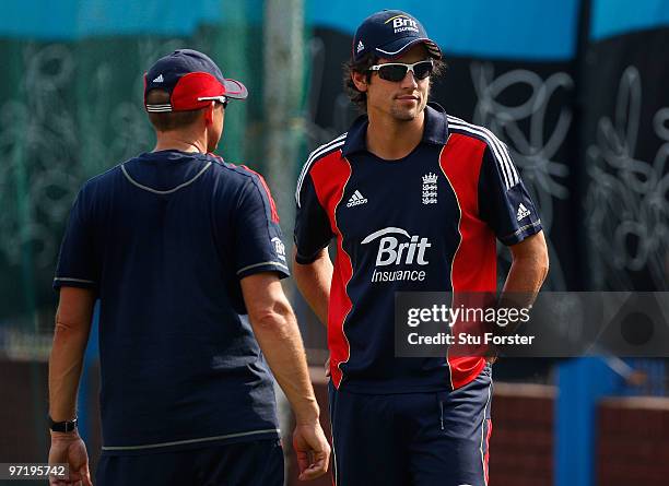 England coach Andy Flower chats with captain Alastair Cook during England nets practice at Sher-e Bangla cricket stadium on March 1, 2010 in Dhaka,...