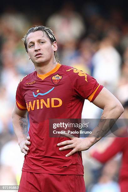 Philippe Mexes of AS Roma shows his dejection during the Serie A match between Napoli and Roma at Stadio San Paolo on February 28, 2010 in Naples,...