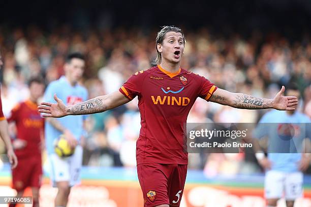 Philippe Mexes of AS Roma gestures during the Serie A match between Napoli and Roma at Stadio San Paolo on February 28, 2010 in Naples, Italy.