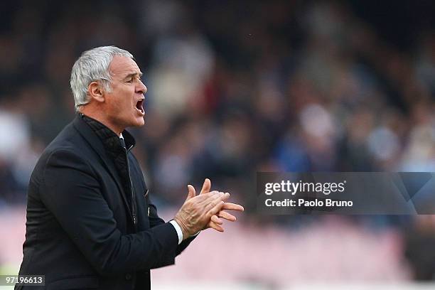 Claudio Ranieri the coach of AS Roma shouts during the Serie A match between Napoli and Roma at Stadio San Paolo on February 28, 2010 in Naples,...