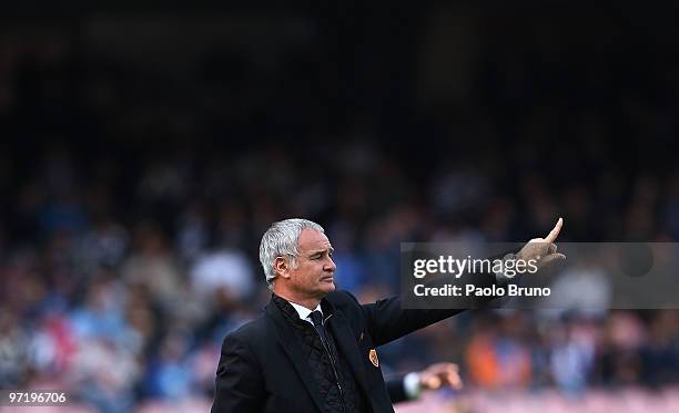 Claudio Ranieri the coach of AS Roma gestures during the Serie A match between Napoli and Roma at Stadio San Paolo on February 28, 2010 in Naples,...