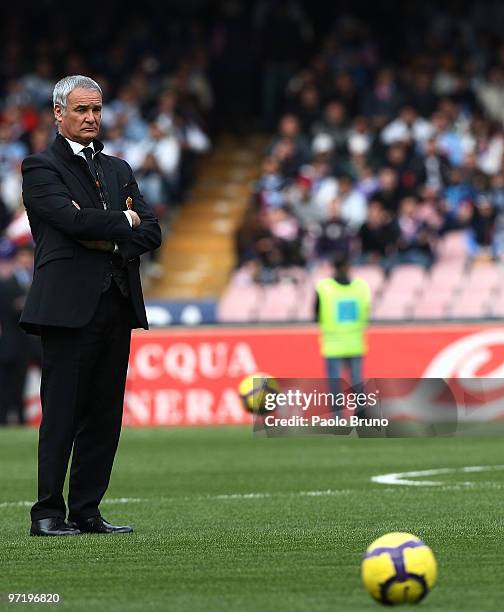 Claudio Ranieri the coach of AS Roma looks on during the Serie A match between Napoli and Roma at Stadio San Paolo on February 28, 2010 in Naples,...