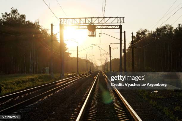 russian railroad track at burning sunset, russian railways surrounded by the forest, moscow oblast, russia - moscow railway station stock pictures, royalty-free photos & images