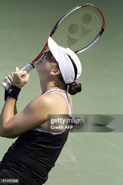 Russian tennis player Alisa Kleybanova celebrates her win against compatriot opponent Elena Dementieva during their final match of the WTA Tour...