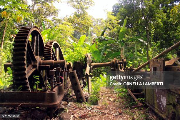 Picture taken on June 11, 2018 near M'Tsangamouji on the French territory of Mayotte, shows an old machinery at Soulou former sugar factory, one of...