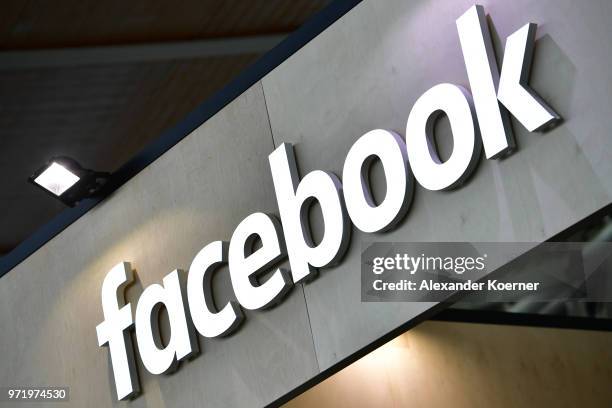 The Facebook logo is displayed at the 2018 CeBIT technology trade fair on June 12, 2018 in Hanover, Germany. The 2018 CeBIT is running from June...