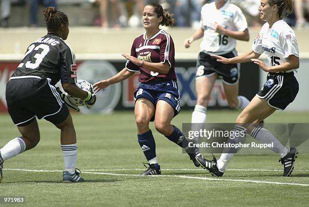 Shannon MacMillan of the San Diego Spirit takes a shot on goal as goalie Karina LeBlanc of the Boston Breakers scoops up the save during the second...