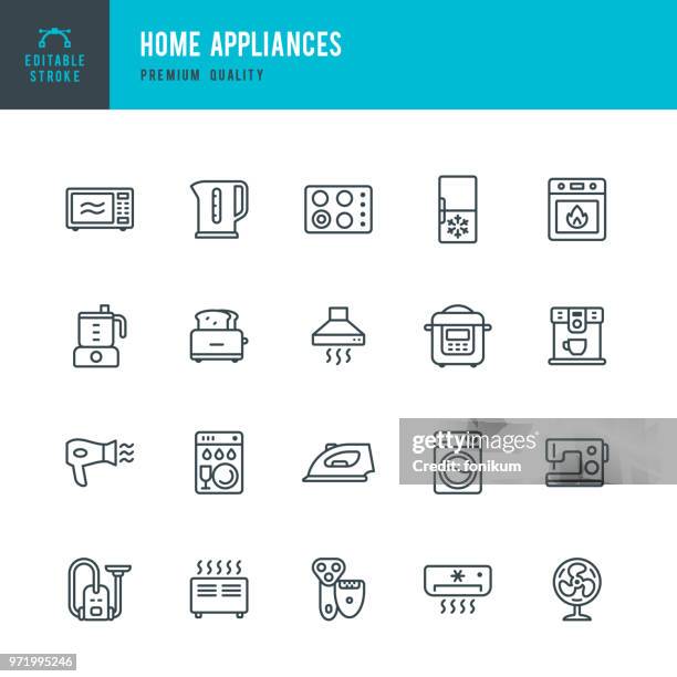 ilustrações de stock, clip art, desenhos animados e ícones de home appliances - set of vector line icons - refrigerator