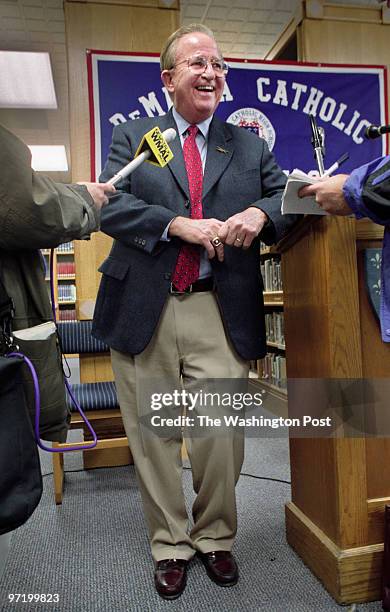 Morgan Wootten announces his retirement at an afternoon press conference at DeMatha. Pictured, the legendary coach takes questions from reporters...