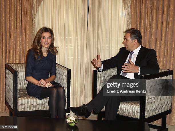 Princess Letizia of Spain chats with Berlin's Mayor Klaus Wowereit at Regent Hotel on March 1, 2010 in Berlin, Germany. In the presence of Spanish...