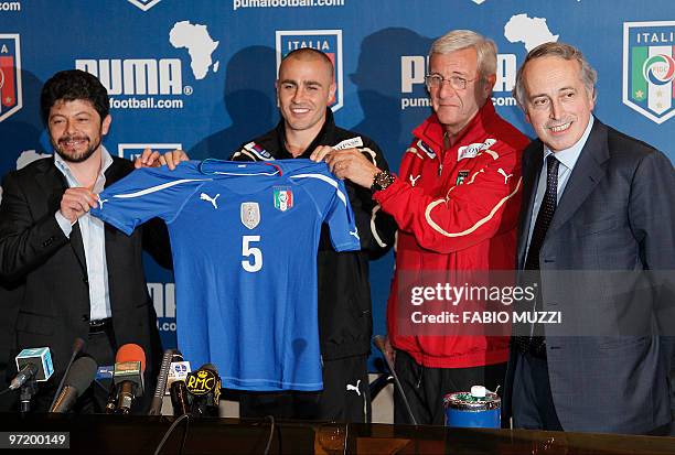 From right, National president football association Giancarlo Abete, National football coach team Marcello Lippi, national player Fabio Cannavaro and...