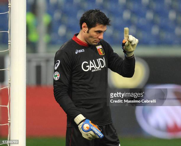 Marco Amelia of Genoa CFC gestures during the Serie A match between Genoa CFC and Bologna FC at Stadio Luigi Ferraris on February 28, 2010 in Genoa,...