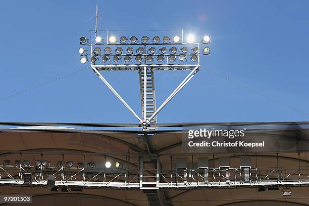 Floodlight is seen in the stadium during the Bundesliga match between VfB Stuttgart and Eintracht Frankfurt at the Mercedes-Benz Arena on February...