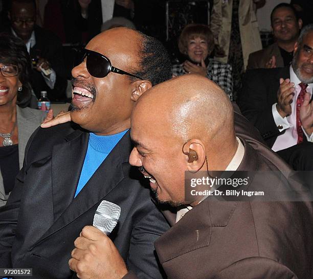 Singer/songwriter Stevie Wonder and singer James Ingram attend the Living Legends Award ceremony honoring Stevie Wonder and Nancy Wilson at...