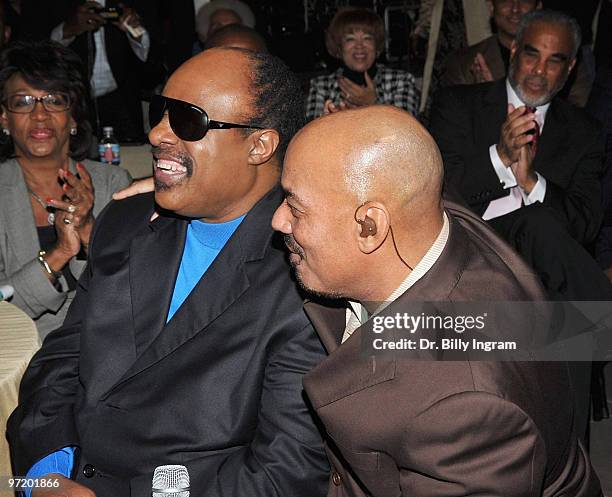 Singer/songwriter Stevie Wonder and singer James Ingram attend the Living Legends Award ceremony honoring Stevie Wonder and Nancy Wilson at...