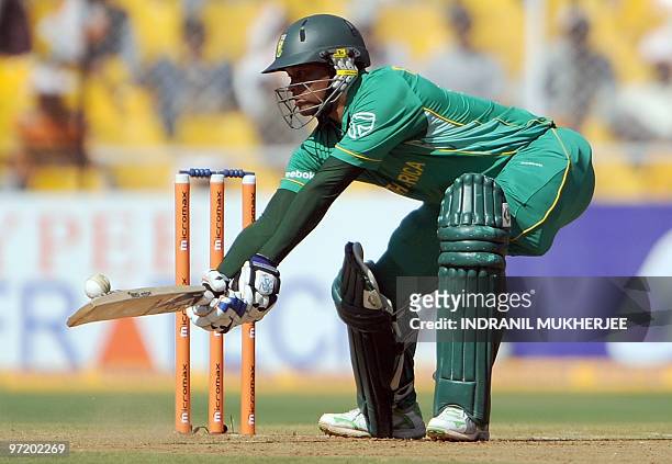 South African cricketer Loots Bosman plays a shot during the third and final One Day International cricket match between India and South Africa at...