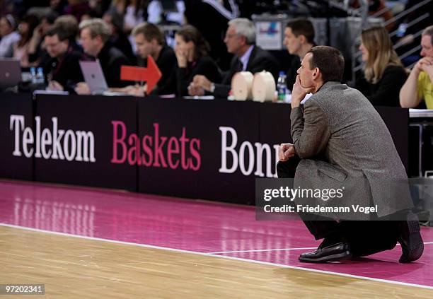 Coach Michael Koch of Baskets looks on during the Beko Basketball Bundesliga game between Telekom Baskets and Giants Duesseldorf at Telekom Dome on...