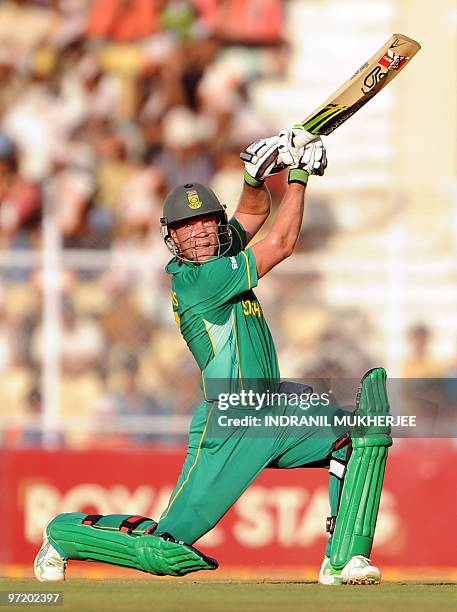 South African cricketer AB de Villiers plays a shot during the third and final One Day International match between India and South Africa in...