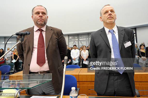 Austrian Horst Michael Schalk and his counsellor Klemens Mayer wait at the Europeen court of Human Rights in Strasbourg, eastern France, on February...