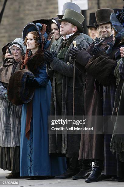 Isla Fisher, Simon Pegg and Andy Serkis are sighted on set of 'Burke And Hare' on March 1, 2010 in London, England.