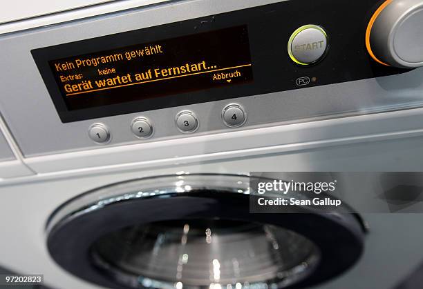 The digital display of a Miele washing machine reads: "Device waiting for remote start" at the IBM stand at the CeBIT Technology Fair on March 1,...