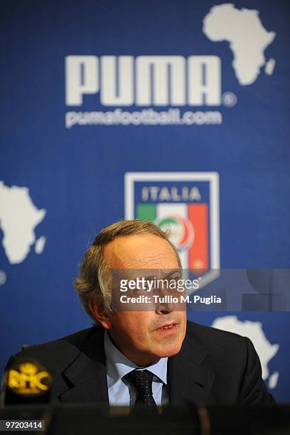 Giancarlo Abete, President of F.I.G.C. Looks on during the Puma unveiling of the new Italy kit for 2010 World Cup in South Africa at Coverciano on...