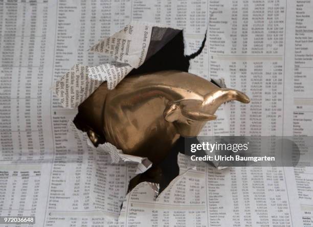 Symbol photo on the topics Bull , economy, economic situation, stock exchange, stock market numbers, upturn and downturn, etc. Bull breaks through...