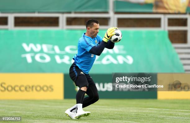 Danny Vukovic of Australia takes part during an Australia Socceroos training session ahead of the FIFA World Cup 2018 at Stadium Trudovye Rezervy on...