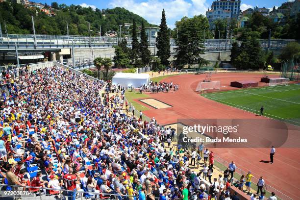General view as spectators look on during a Brazil training session ahead of the FIFA World Cup 2018 at Yug-Sport Stadium on June 12, 2018 in Sochi,...