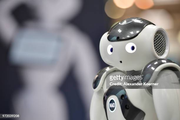 The first built humanoid robot, entertains visitors at the SoftBank Robotics stand at the 2018 CeBIT technology trade fair on June 12, 2018 in...