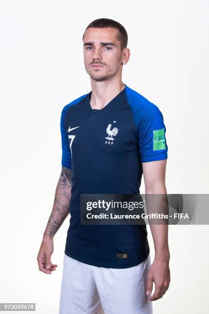 Antoine Griezmann of France poses for a portrait during the official FIFA World Cup 2018 portrait session at the Team Hotel on June 11, 2018 in...