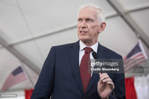 James Moriarty, chairman of the American Institute in Taiwan, speaks during a dedication ceremony for the institute's new complex in Taipei, Taiwan,...