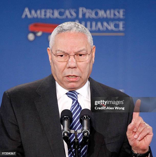 Founding Chairman General Colin Powell of American's Promise Alliance speaks during an event at the U.S. Chamber of Commerce March 1, 2010 in...