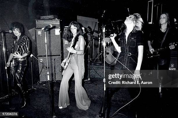 The Runaways perform live at CBGB's club in New York on August 02 1976 L-R Joan Jett, Jackie Fox, Cherie Currie, Lita Ford