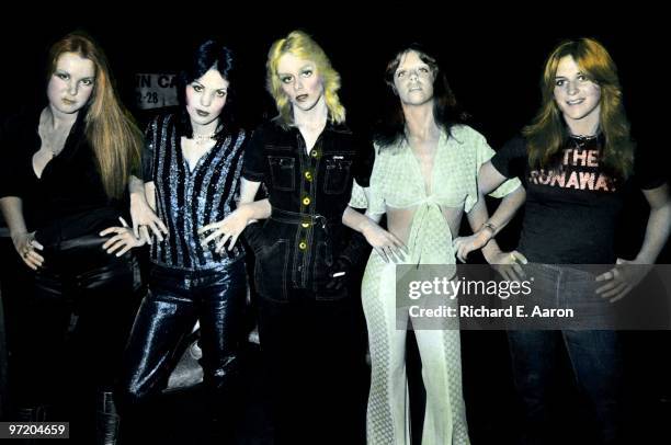 The Runaways posed at CBGB's club in New York in August 1976 L-R Lita Ford, Joan Jett, Cherie Currie, Jackie Fox, Sandy West