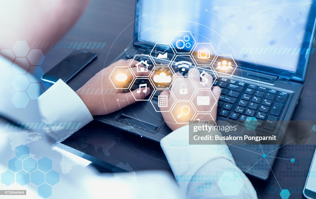 Computer Using Digital Work Businessman Hand Working With Laptop Computer With Technology Digital ...