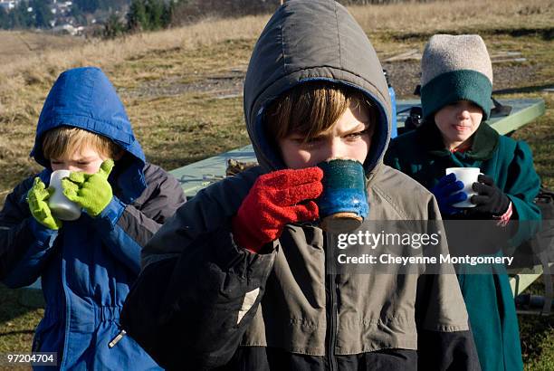 three children drinking hot cocoa - young cheyenne stock pictures, royalty-free photos & images