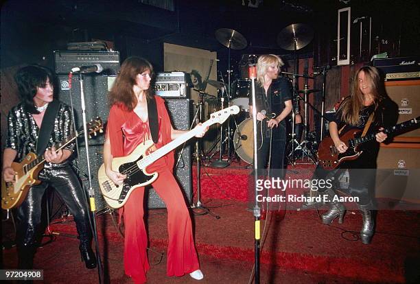 The Runaways perform live at CBGB's club in New York on August 02 1976 L-R Joan Jett, Jackie Fox, Cherie Currie, Lita Ford