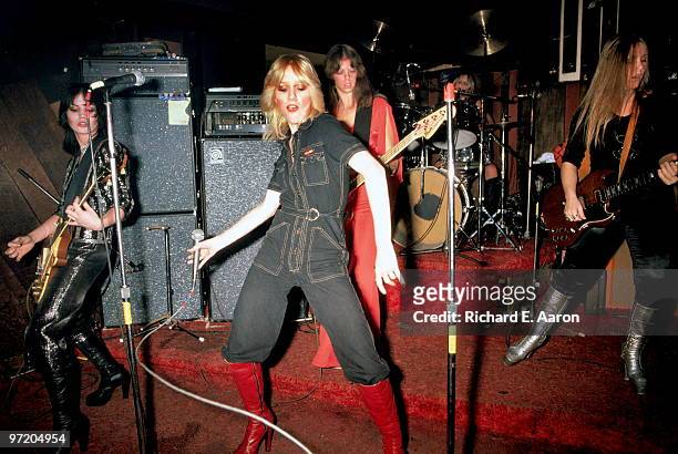 The Runaways perform live at CBGB's club in New York on August 02 1976 L-R Joan Jett, Cherie Currie, Jackie Fox, Sandy West, Lita Ford