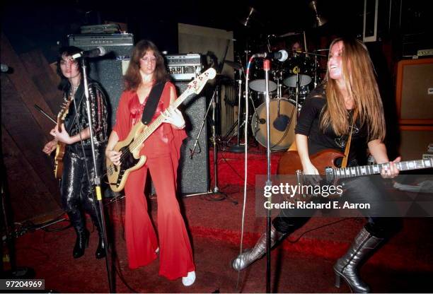 The Runaways perform live at CBGB's club in New York on August 02 1976 L-R Joan Jett, Jackie Fox, Sandy West, Lita Ford