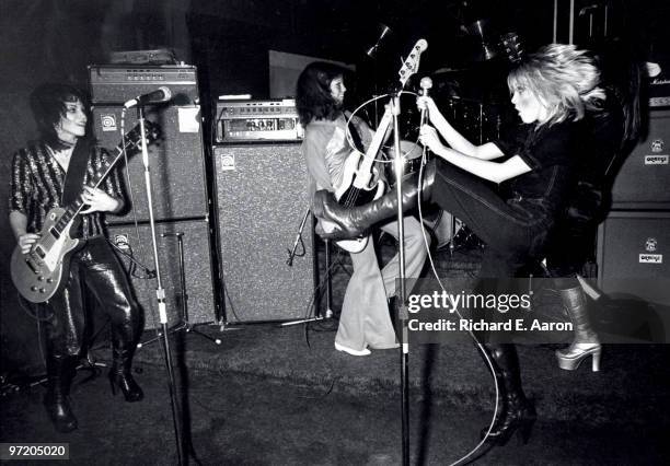 The Runaways perform live at CBGB's club in New York on August 02 1976 L-R Joan Jett, Jackie Fox, Cherie Currie